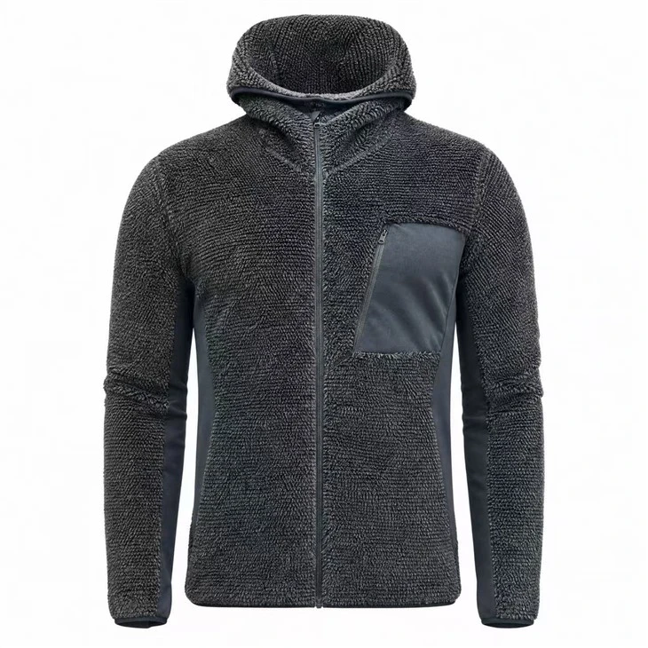 Jaqueta masculina com capuz e pilha alta em dois tons para uso externo